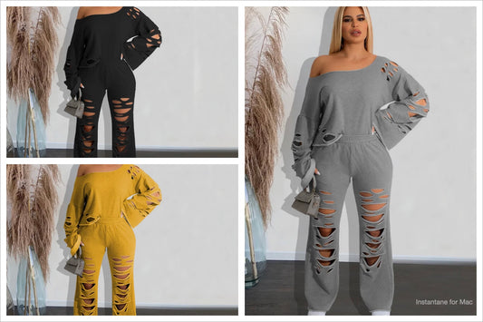 Casual Solid Perforated Loose Bodysuit Two Piece Set of sweatshirt and sweatpants Leggings