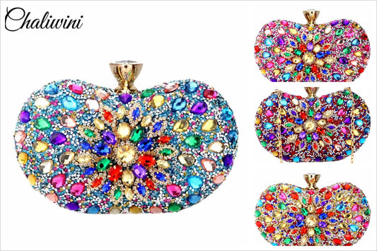 Evening Diamond Two Side Floral Clutch Bag Multi Crystal Sling Package Wedding Purse Matching Wallet Handbags