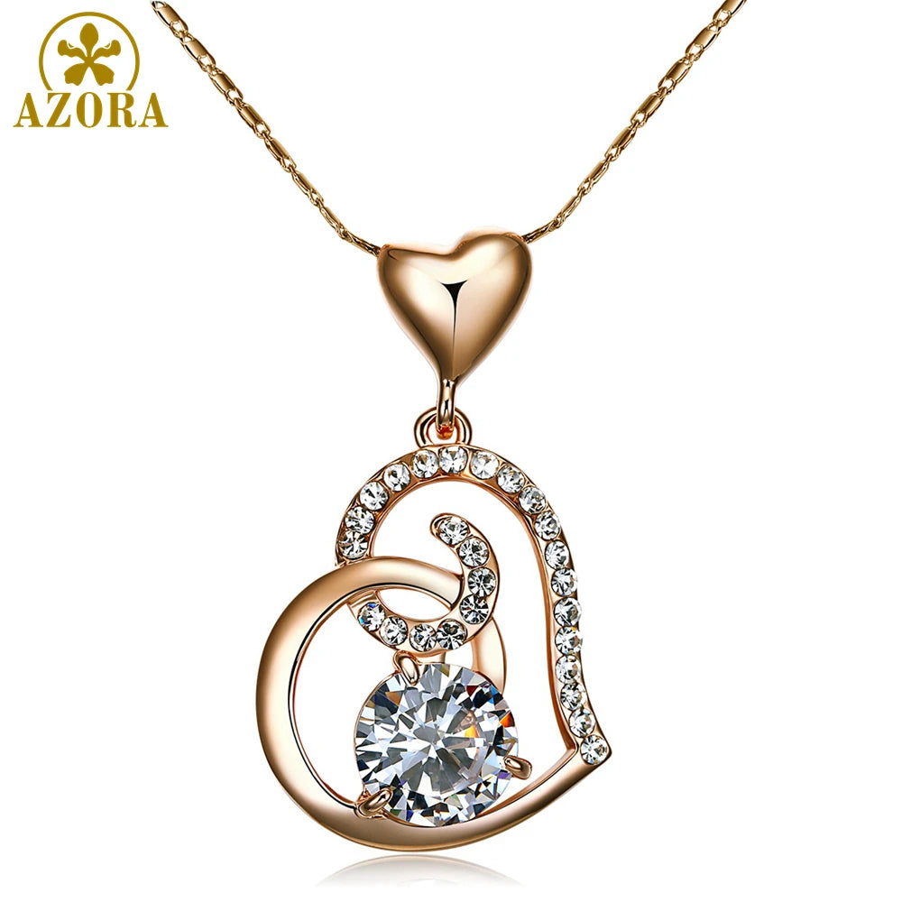 Rose Gold Color Clear Stellux Austrian Crystals Double Heart Pendant Necklace