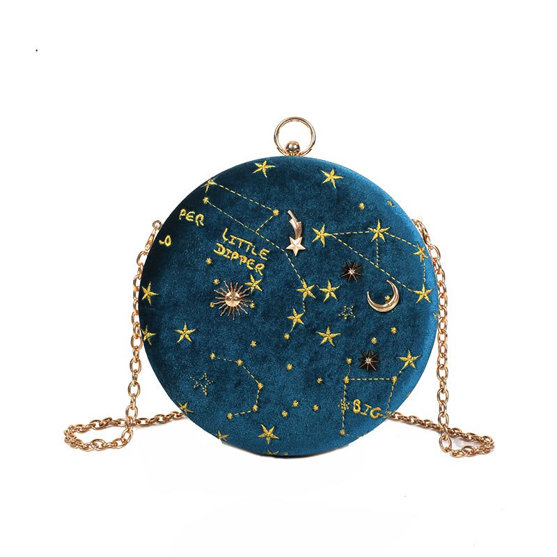 Round Suede Astrology Zodiac Shoulder Messenger Bag Embroidery Evening Clutch Purse Crossbody Bag