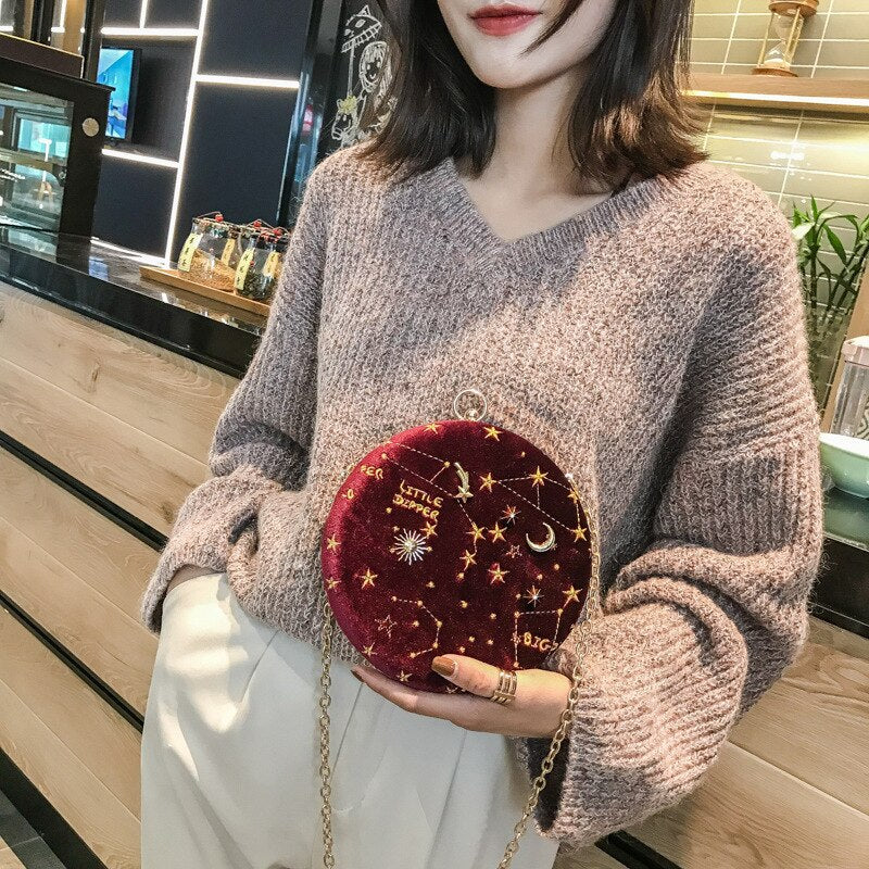 Round Suede Astrology Zodiac Shoulder Messenger Bag Embroidery Evening Clutch Purse Crossbody Bag