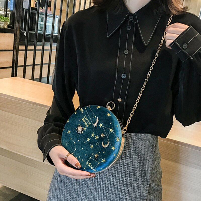 Round Suede Astrology Zodiac Shoulder Messenger Bag Embroidery Evening Clutch Purse Crossbody Bag