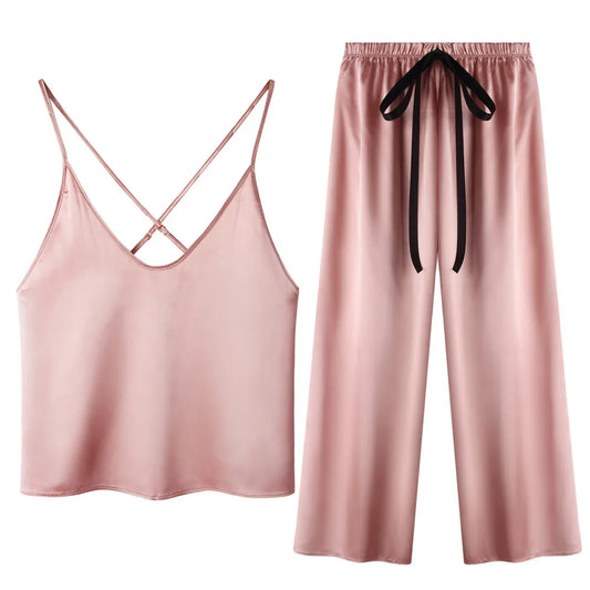 Soft Satin Pajama Set Sexy Criss Cross Back Camisole Pants Set Nightwear Loungewear