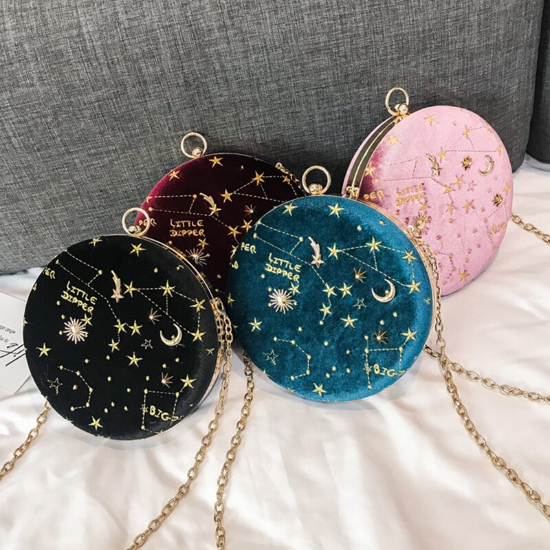 Round Suede Astrology Zodiac Shoulder Messenger Bag Embroidery Evening Clutch Purse Crossbody Bag