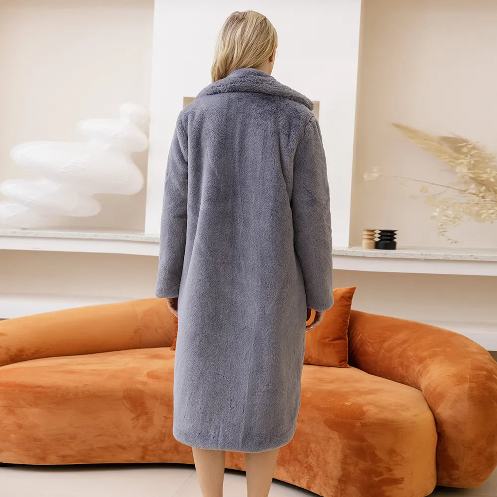 Faux Fur Thick Long Coat Turn Down Collar