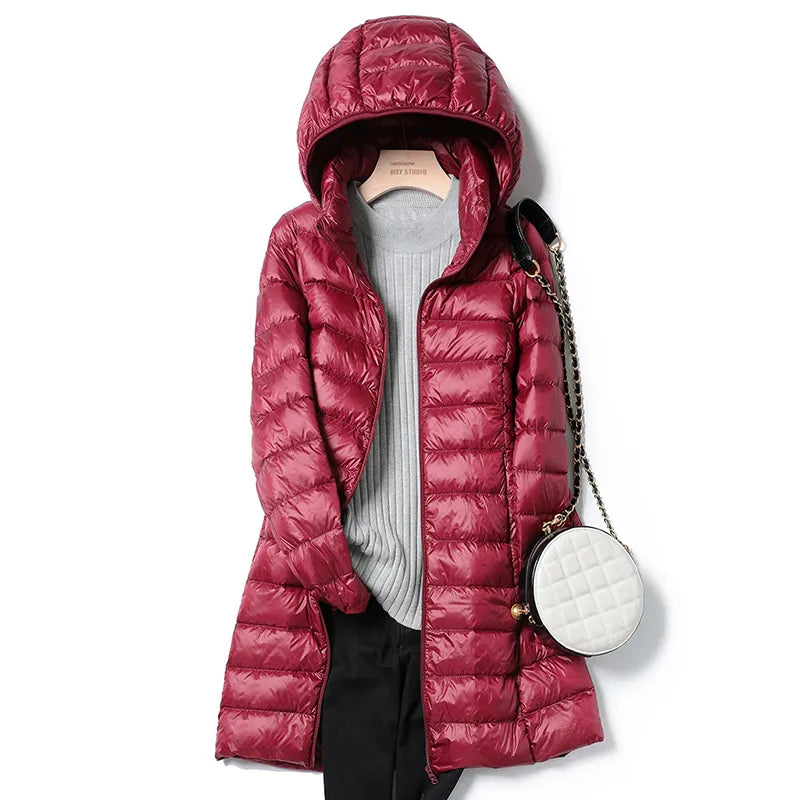 Ultra Light Thin Slim Long Down Jacket Coat with Removal Hood