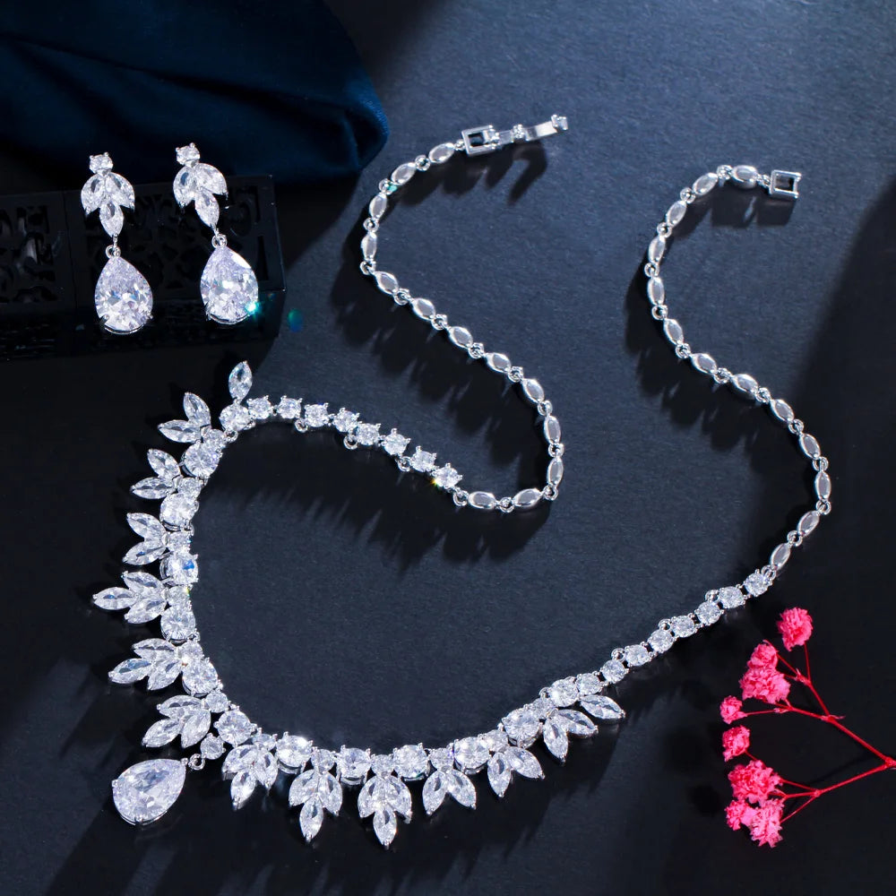 Bridal Party Accessories Silver Cubic Zirconia Wedding Necklace Earrings Jewelry Set For Brides