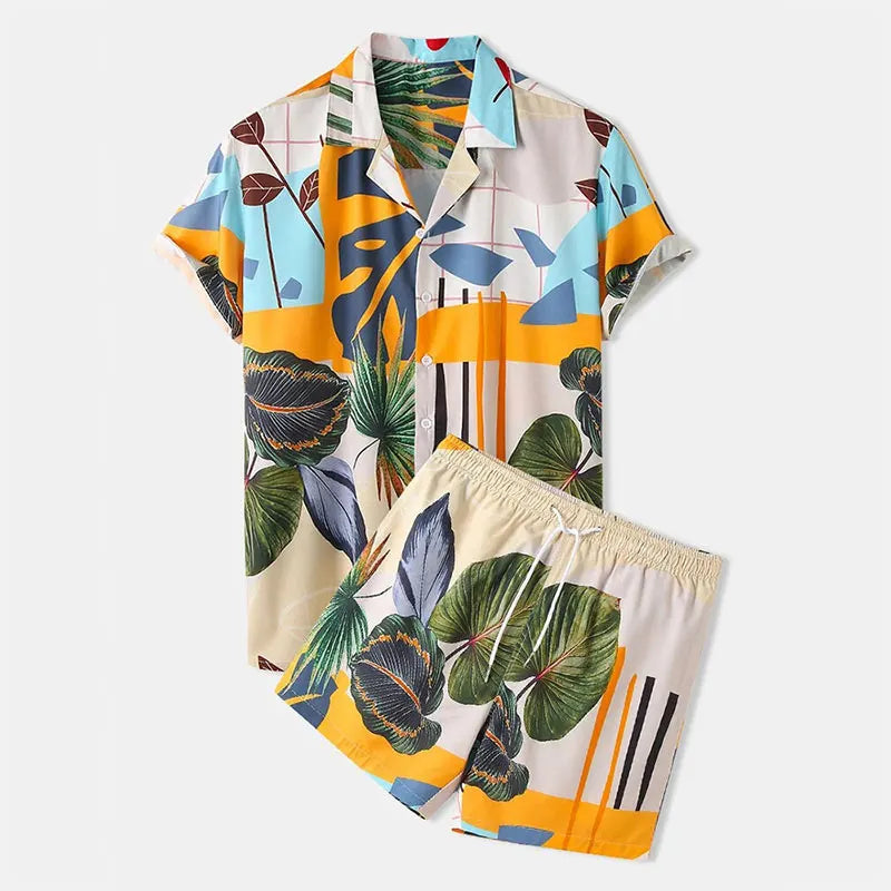 Men's Print Set Lapel Button Short Sleeve Shirt & Beach Short Summer Set