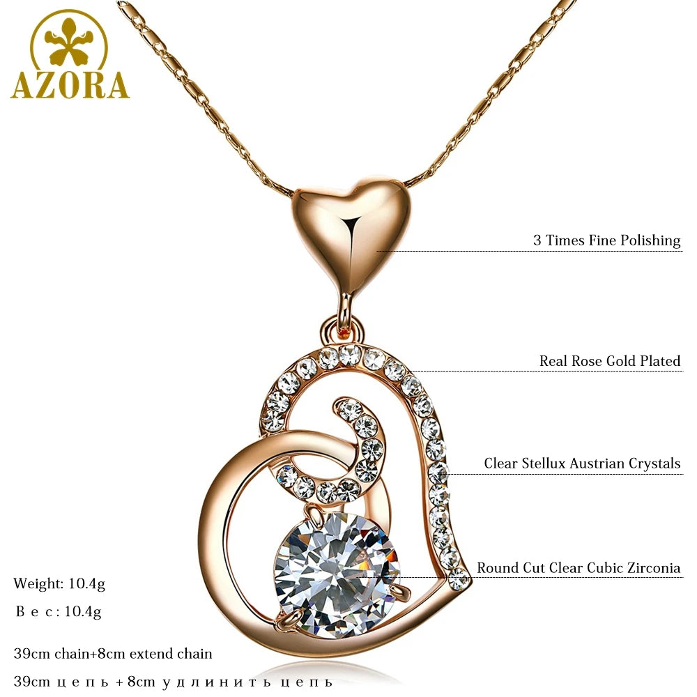 Rose Gold Color Clear Stellux Austrian Crystals Double Heart Pendant Necklace