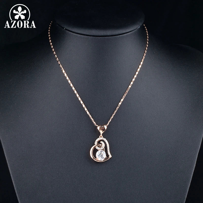 Rose Gold Color Clear Stellux Austrian Crystals Double Heart Pendant Necklace