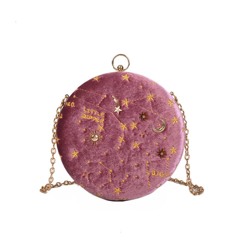 Round Suede Astrology Zodiac Shoulder Messenger Bag Embroidery Evening Clutch Purse Crossbody Bag