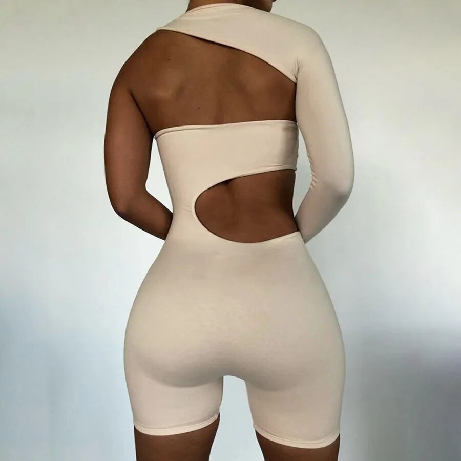 Sexy Fitness Jumpsuit One Shoulder Skinny Bodycon Solid Sport Romper Playsuit