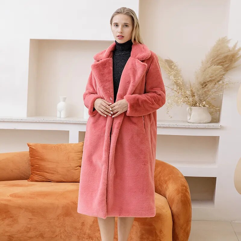 Faux Fur Thick Long Coat Turn Down Collar