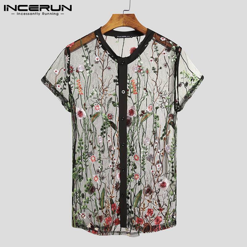 Men Mesh Shirts Embroidered Short Sleeve Sexy See Through Top Breathable Party Nightclub Shirts