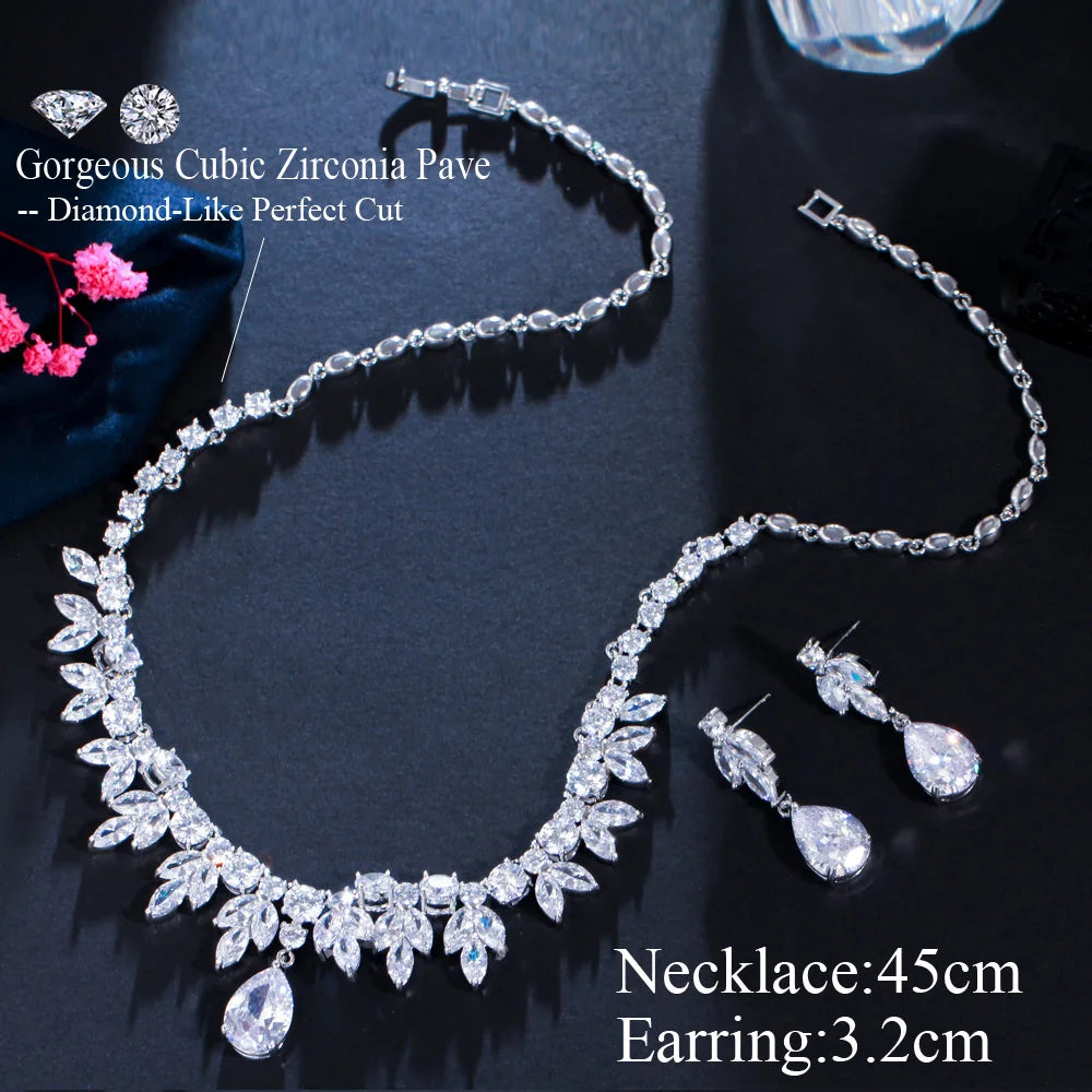 Bridal Party Accessories Silver Cubic Zirconia Wedding Necklace Earrings Jewelry Set For Brides