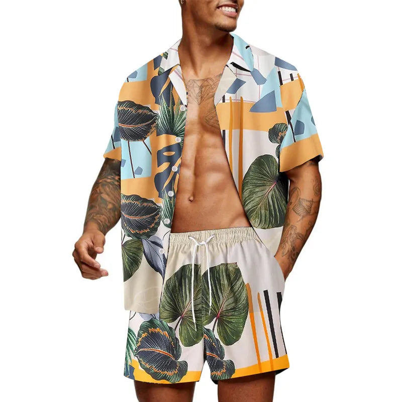 Men's Print Set Lapel Button Short Sleeve Shirt & Beach Short Summer Set