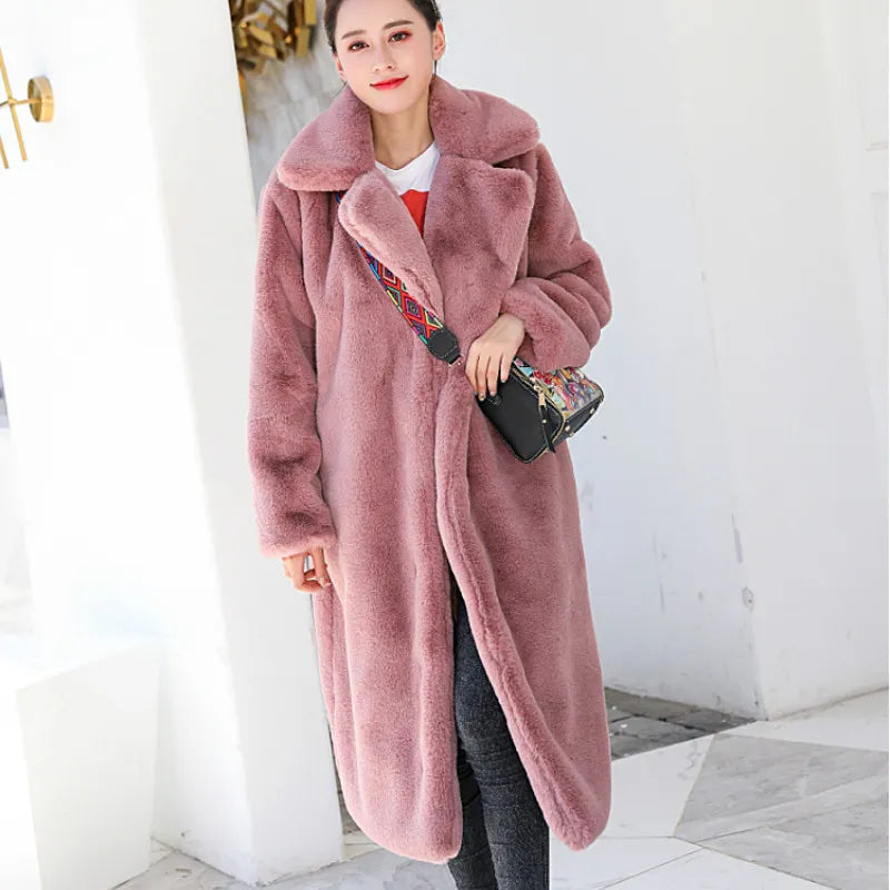 Faux Fur Thick Long Coat Turn Down Collar