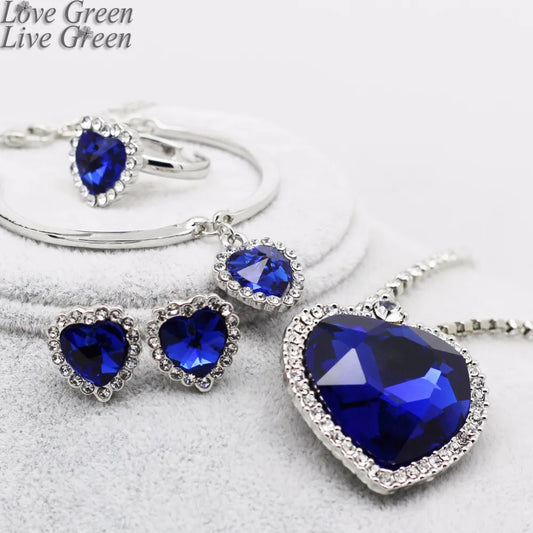 Ocean Blue Heart Love Forever Jewelry Set Crystal Rhinestones Necklace Earrings Ring Bracelet Set