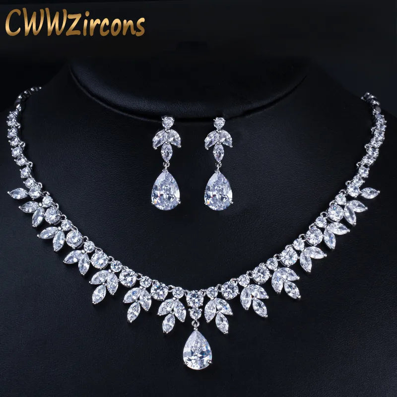 Bridal Party Accessories Silver Cubic Zirconia Wedding Necklace Earrings Jewelry Set For Brides