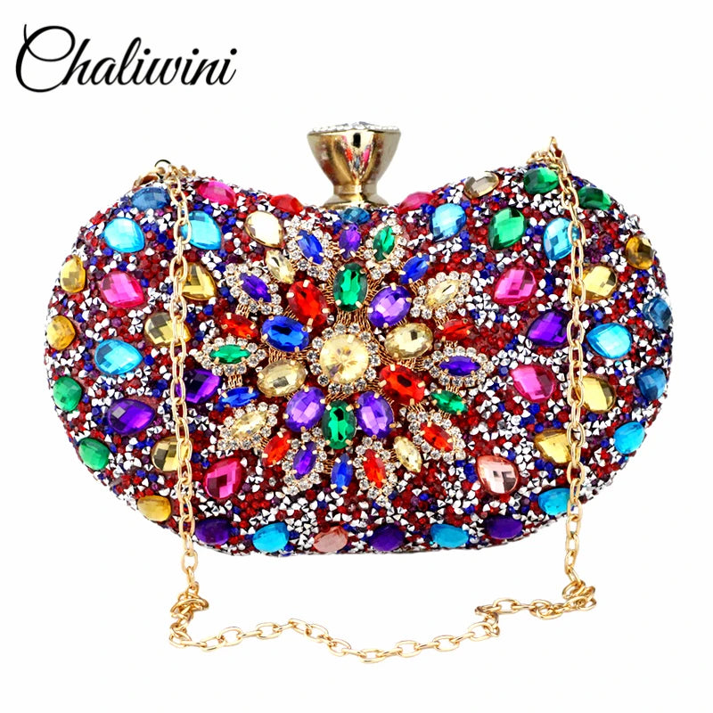 Evening Diamond Two Side Floral Clutch Bag Multi Crystal Sling Package Wedding Purse Matching Wallet Handbags