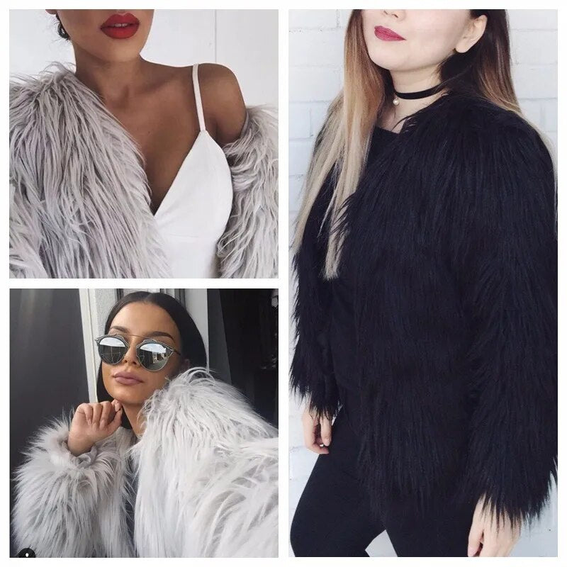 Warm Fluffy Furry Faux Fur Long Sleeve Coat Jacket Overcoat Outerwear