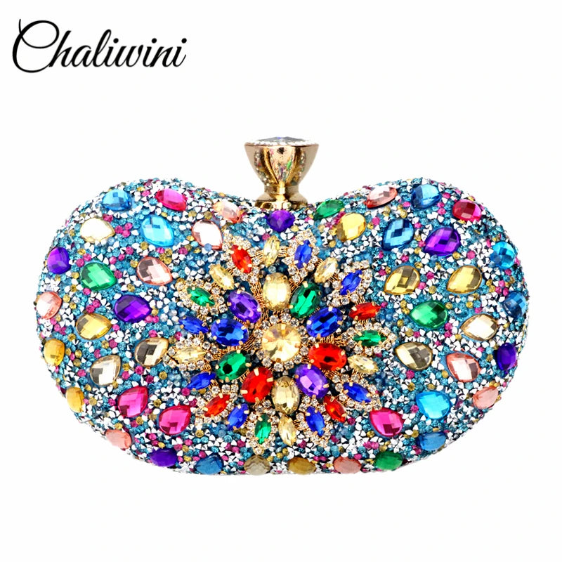 Evening Diamond Two Side Floral Clutch Bag Multi Crystal Sling Package Wedding Purse Matching Wallet Handbags