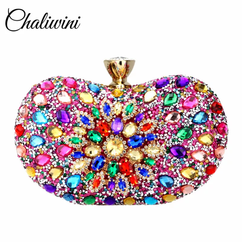 Evening Diamond Two Side Floral Clutch Bag Multi Crystal Sling Package Wedding Purse Matching Wallet Handbags