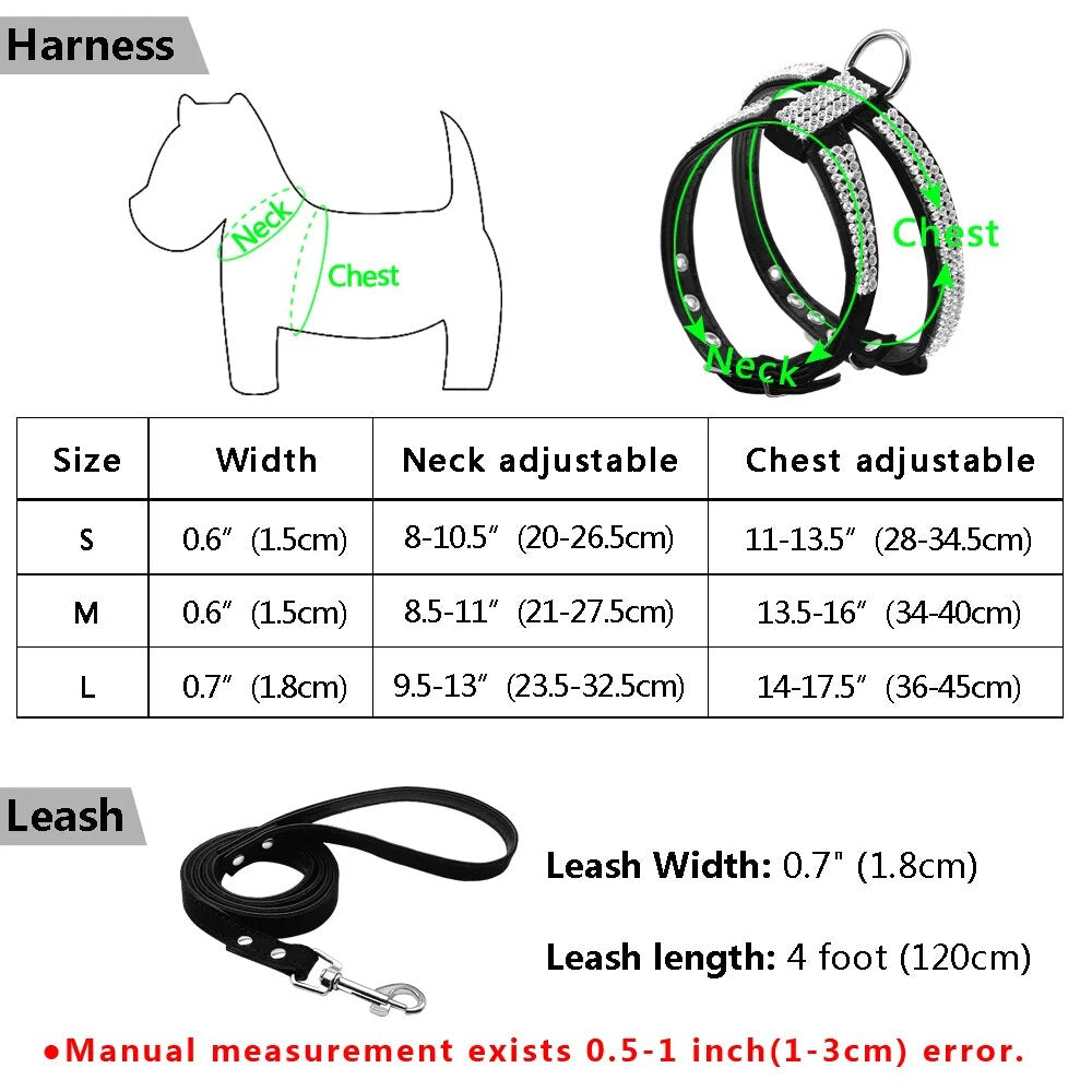 Suede Leather Rhinestone Harness and Leash Lead For Small Medium Dogs