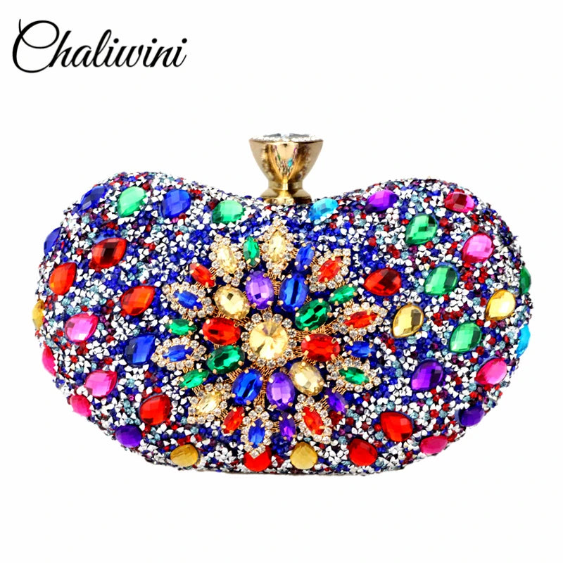 Evening Diamond Two Side Floral Clutch Bag Multi Crystal Sling Package Wedding Purse Matching Wallet Handbags