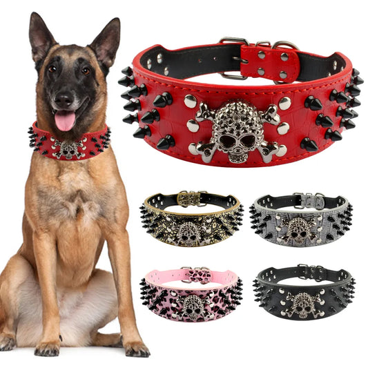 2" Wide Spiked Studded Leather Dog Collar Bullet Rivets With Cool Skull Pet Accessories For Meduim Large Dog S-XL