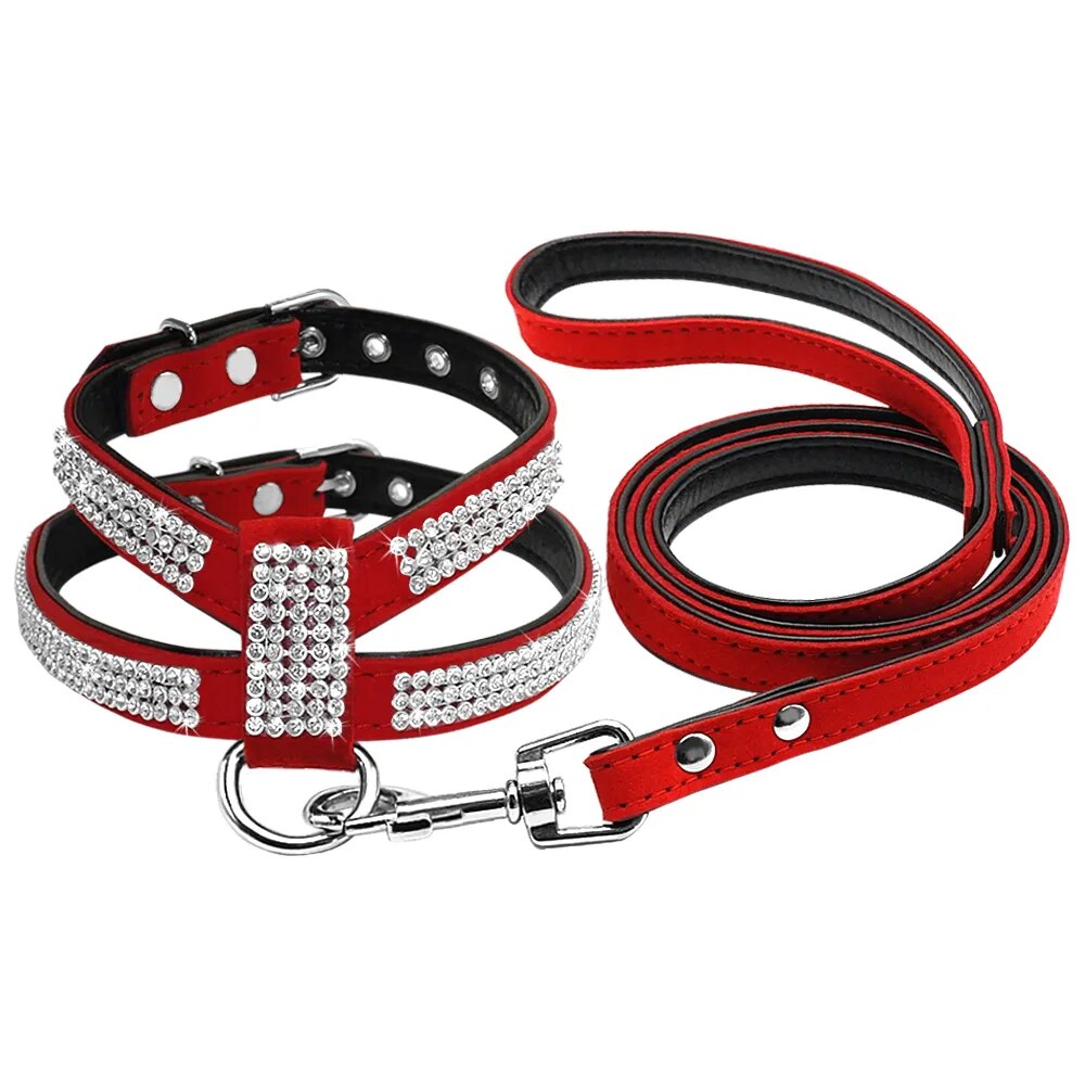 Suede Leather Rhinestone Harness and Leash Lead For Small Medium Dogs