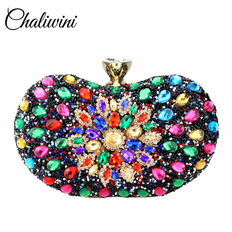 Evening Diamond Two Side Floral Clutch Bag Multi Crystal Sling Package Wedding Purse Matching Wallet Handbags