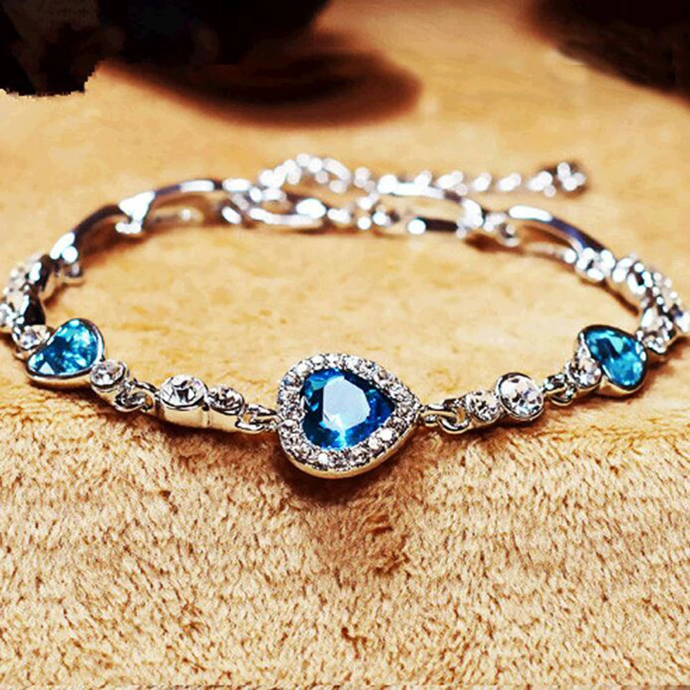 Crystal Rhinestone Bangle Ocean Blue Bracelet Chain Heart Jewelry