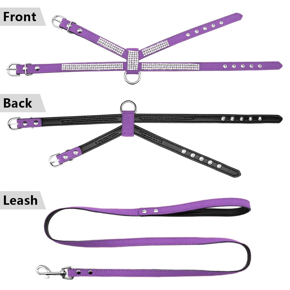 Suede Leather Rhinestone Harness and Leash Lead For Small Medium Dogs