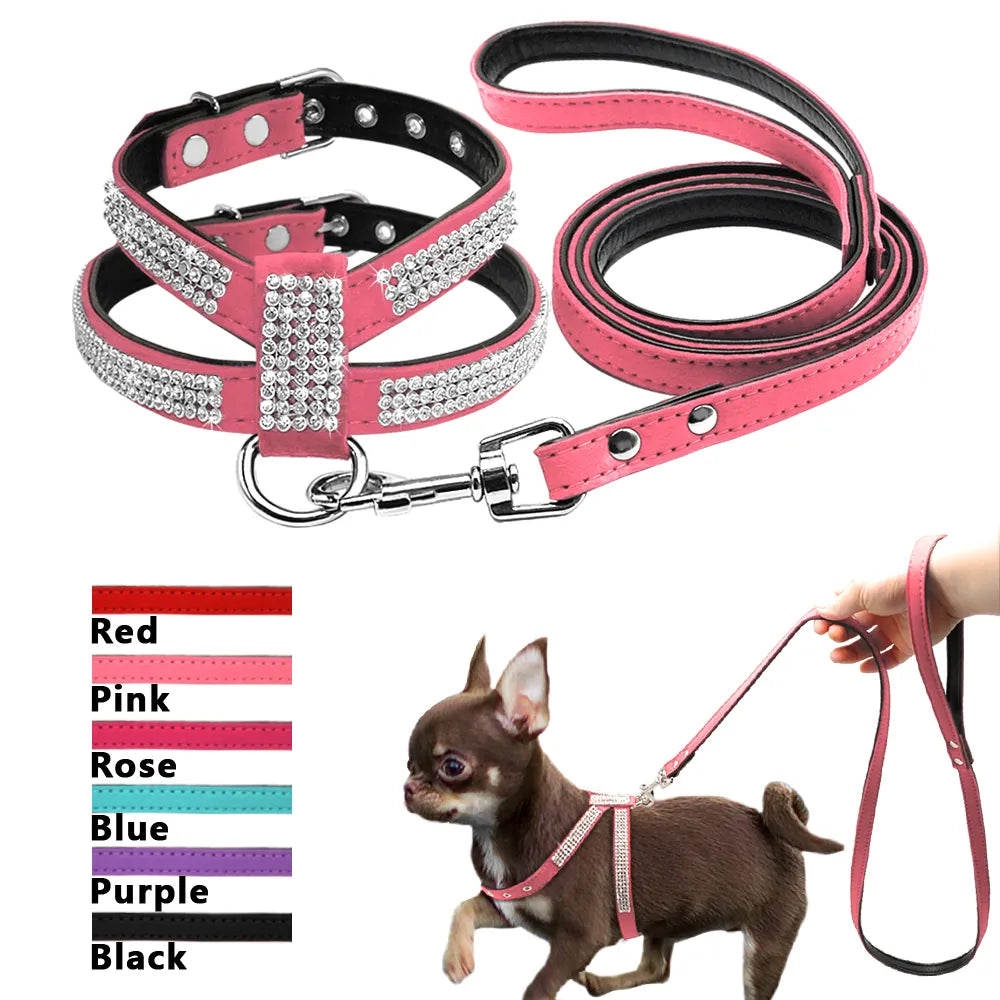 Suede Leather Rhinestone Harness and Leash Lead For Small Medium Dogs