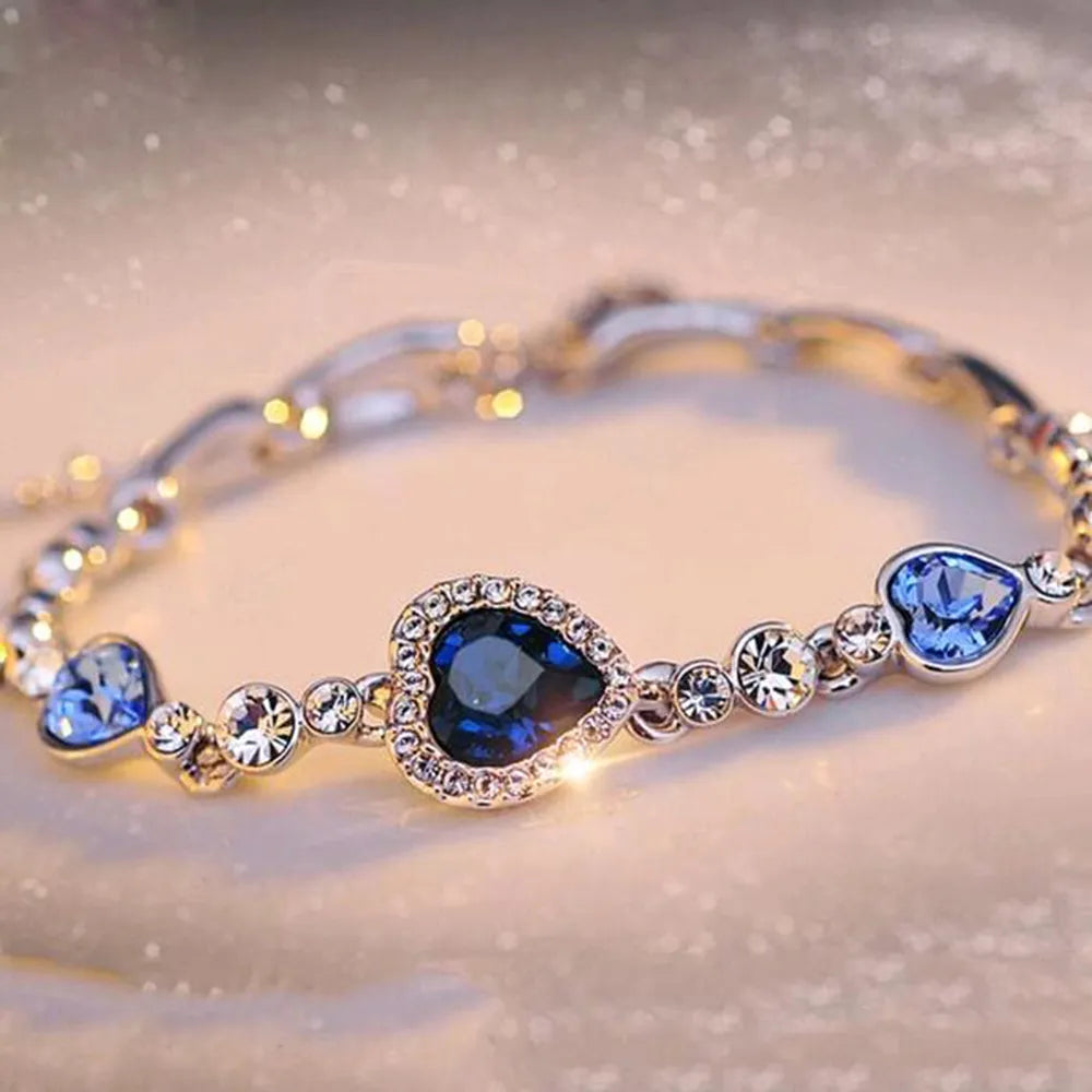 Crystal Rhinestone Bangle Ocean Blue Bracelet Chain Heart Jewelry