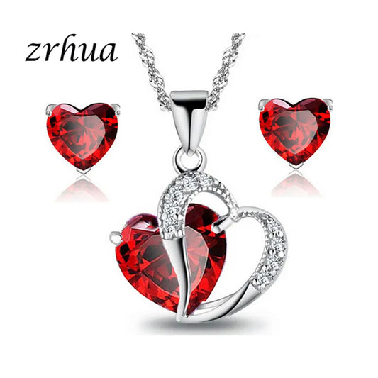 Crystal Jewelry Set Silver Heart Rhinestone Necklace Earrings