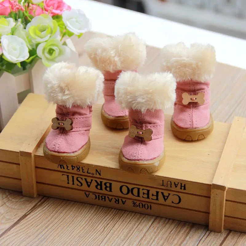 4PC Anti-Slip Winter Thick Fur Dog Boots Shoes for Small Dogs