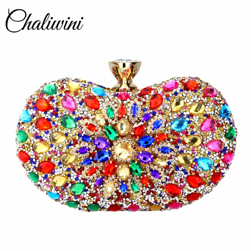 Evening Diamond Two Side Floral Clutch Bag Multi Crystal Sling Package Wedding Purse Matching Wallet Handbags