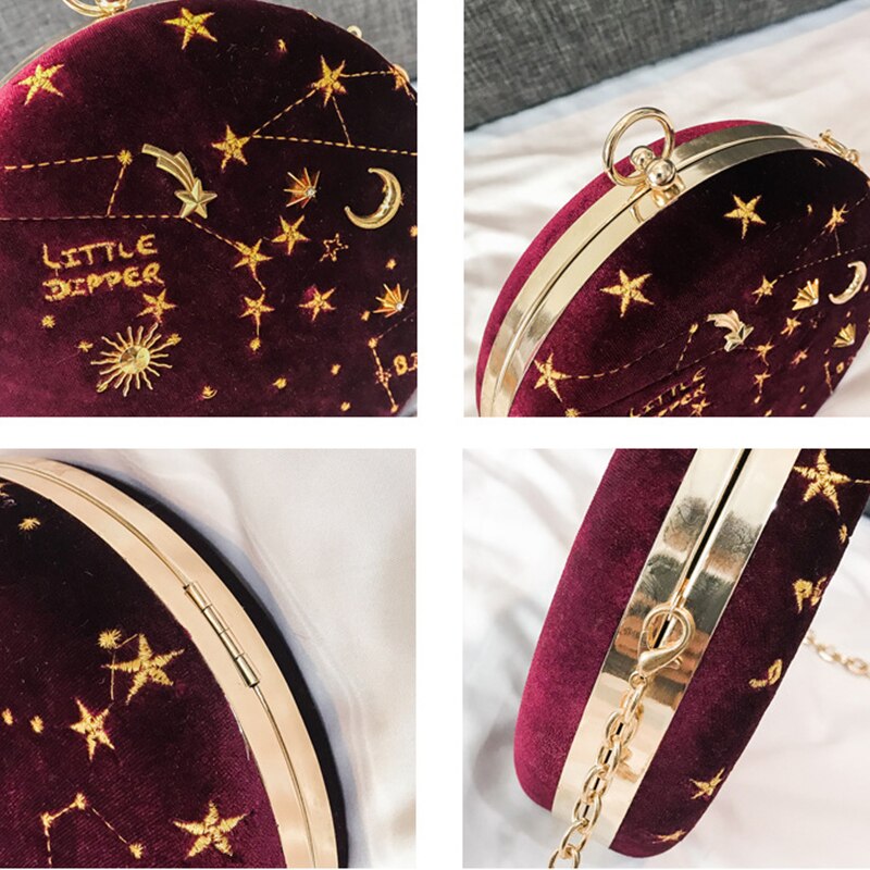 Round Suede Astrology Zodiac Shoulder Messenger Bag Embroidery Evening Clutch Purse Crossbody Bag