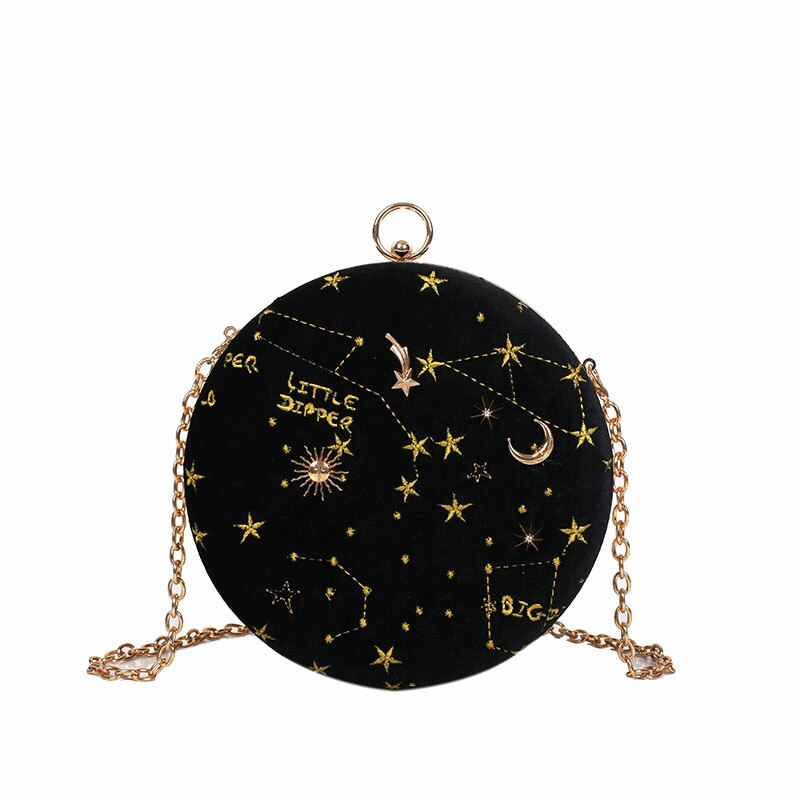 Round Suede Astrology Zodiac Shoulder Messenger Bag Embroidery Evening Clutch Purse Crossbody Bag