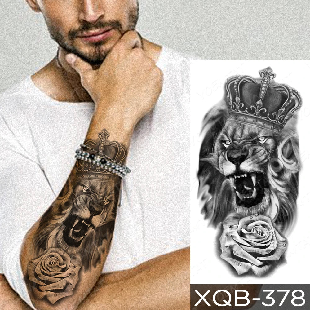 Waterproof Temporary Tattoo Sticker Body Art Fake Tattoo Forest Lion Tiger Bear Flash Leopard Wolf Crown for Men and Women