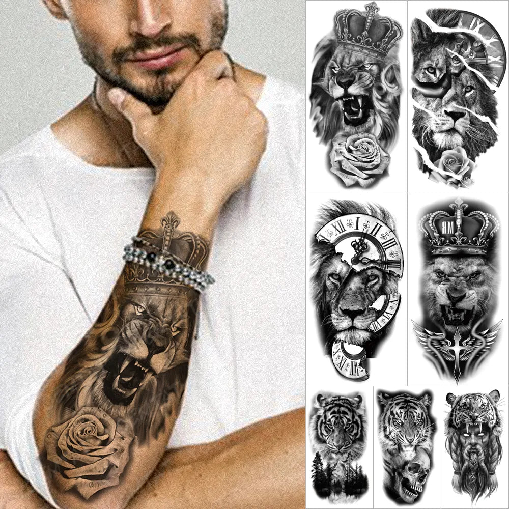 Waterproof Temporary Tattoo Sticker Body Art Fake Tattoo Forest Lion Tiger Bear Flash Leopard Wolf Crown for Men and Women