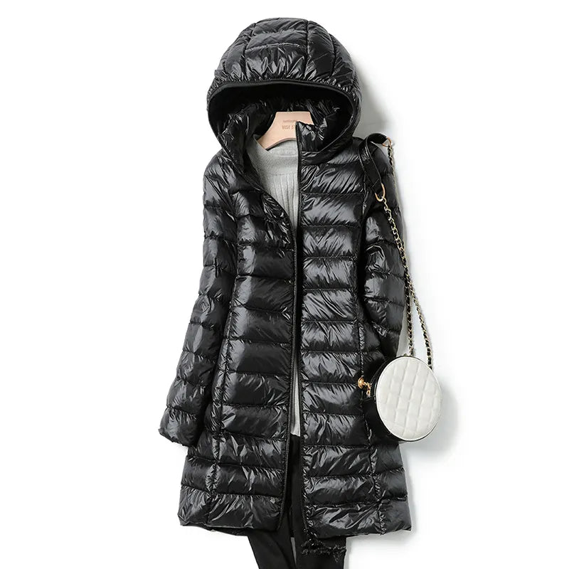 Ultra Light Thin Slim Long Down Jacket Coat with Removal Hood