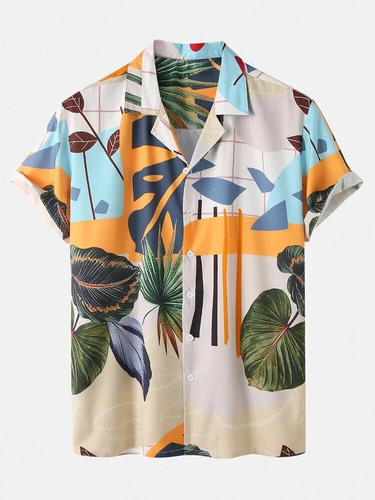 Men's Print Set Lapel Button Short Sleeve Shirt & Beach Short Summer Set