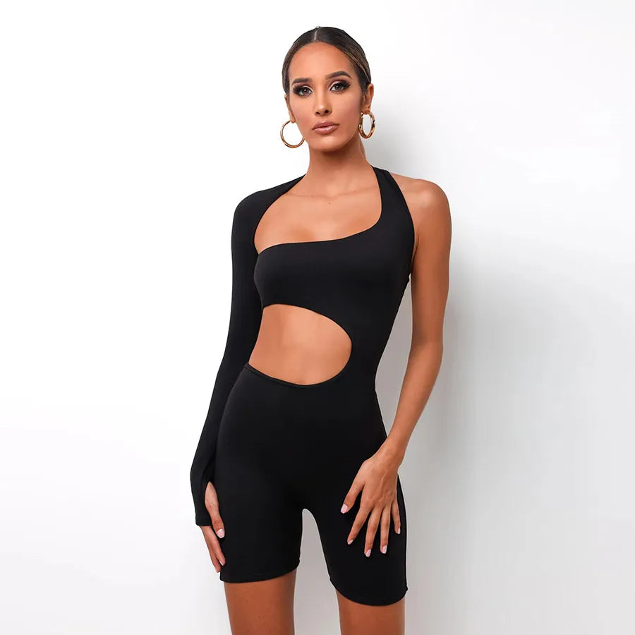 Sexy Fitness Jumpsuit One Shoulder Skinny Bodycon Solid Sport Romper Playsuit