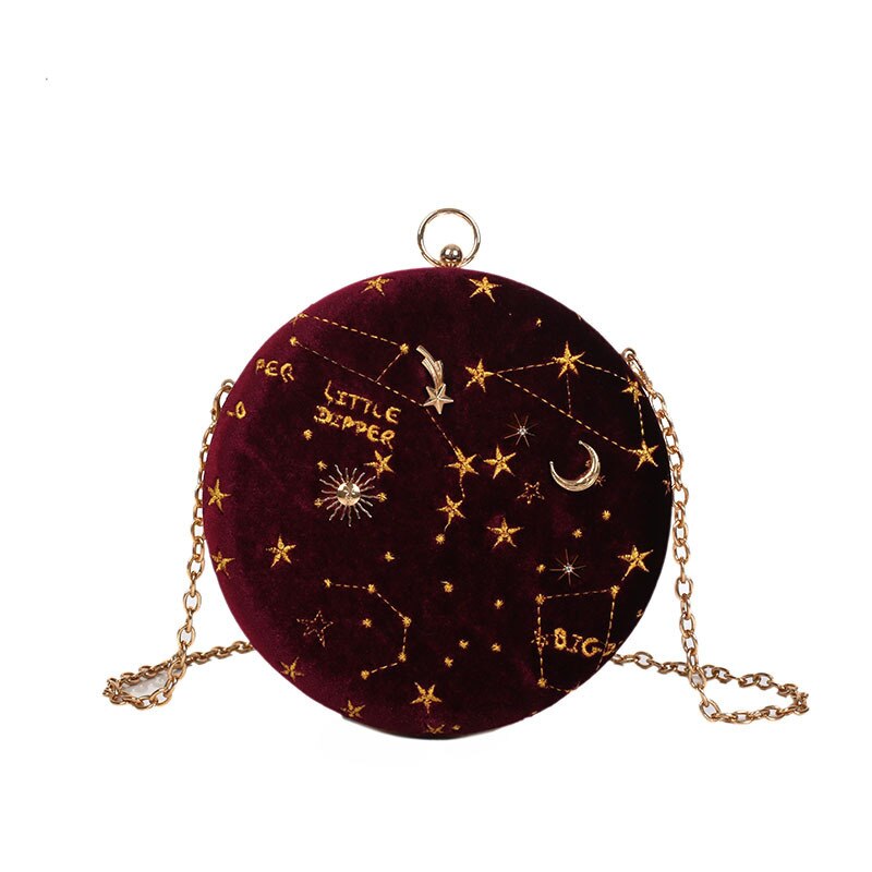 Round Suede Astrology Zodiac Shoulder Messenger Bag Embroidery Evening Clutch Purse Crossbody Bag