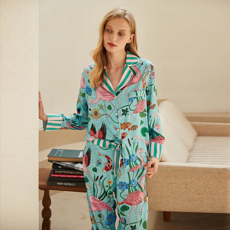 Silk Flamingo Plant Flowers Pajamas Long Sleeves Pants Homewear Sleepwear Loungewear