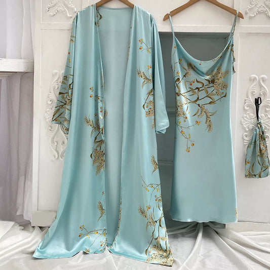 2pcs Robe Sleepwear Kimono Bathrobe Gown Lingerie Satin V-Neck Strap Nightgown Bridal Loungewear