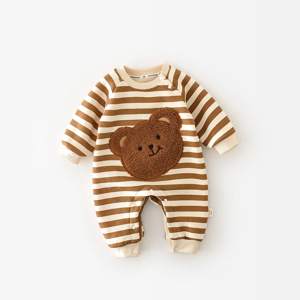 Baby Rompers Thicken Lining Boys Clothes Striped Unisex Jumpsuits Bear Outfit